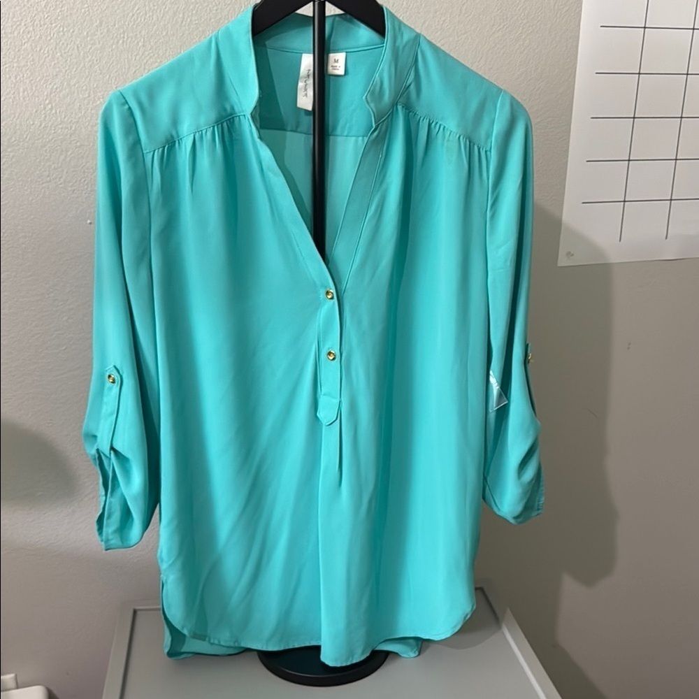Tacera Blue Relaxed Blouse with Cuffed Sleeves